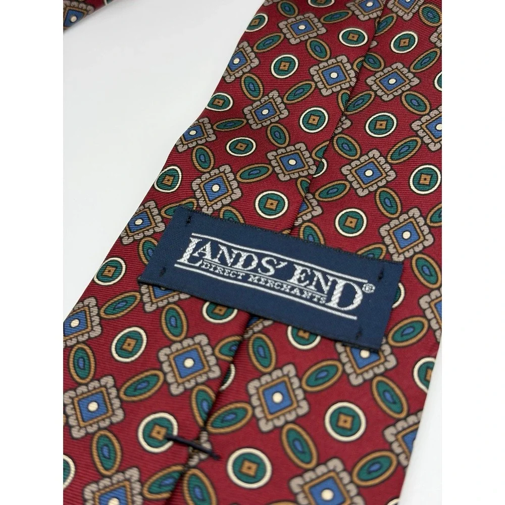 Lands' End 100% Silk, Red/Green/Blue/Geometric Pattern Necktie